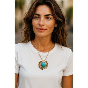 Vintage PARK LANE Silver Tone Turquoise Lucite Oval Cabochon Fluted Necklace 18"